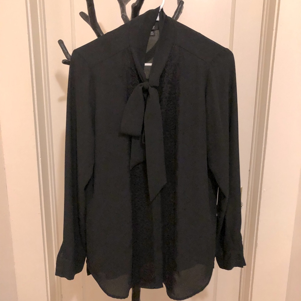 Black Secretary Blouse / Pussy Bow Blouse with Lace Detail and Hidden Buttons